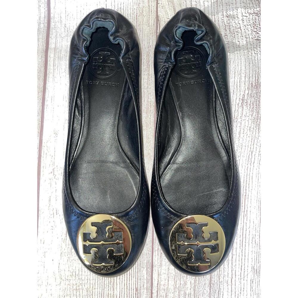 Tory Burch Minnie Black Leather Travel Ballet Flats Size 6.5